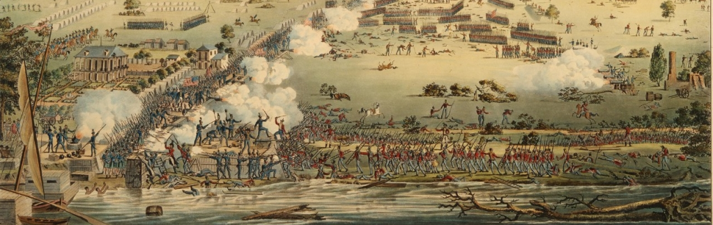 Colorful historical illustration depicting a battle scene with soldiers in formation, firing weapons, and smoke rising in the background. Various structures and military activities are visible in the landscape.