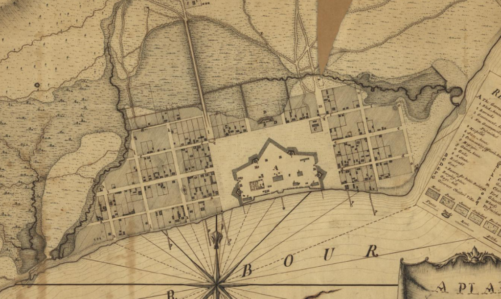 An old map of Pensacola, Florida, showing streets, buildings, and geographical features, likely from the 19th century.