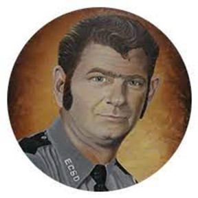 Portrait of a police officer with a serious expression, wearing a uniform, featuring a distinctive hairstyle.