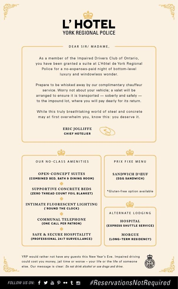 A humorous letter from L'Hotel York Regional Police addressing members of the Impaired Drivers Club, detailing 'no-class amenities' and a tongue-in-cheek invitation for a luxury stay as a caution against impaired driving.