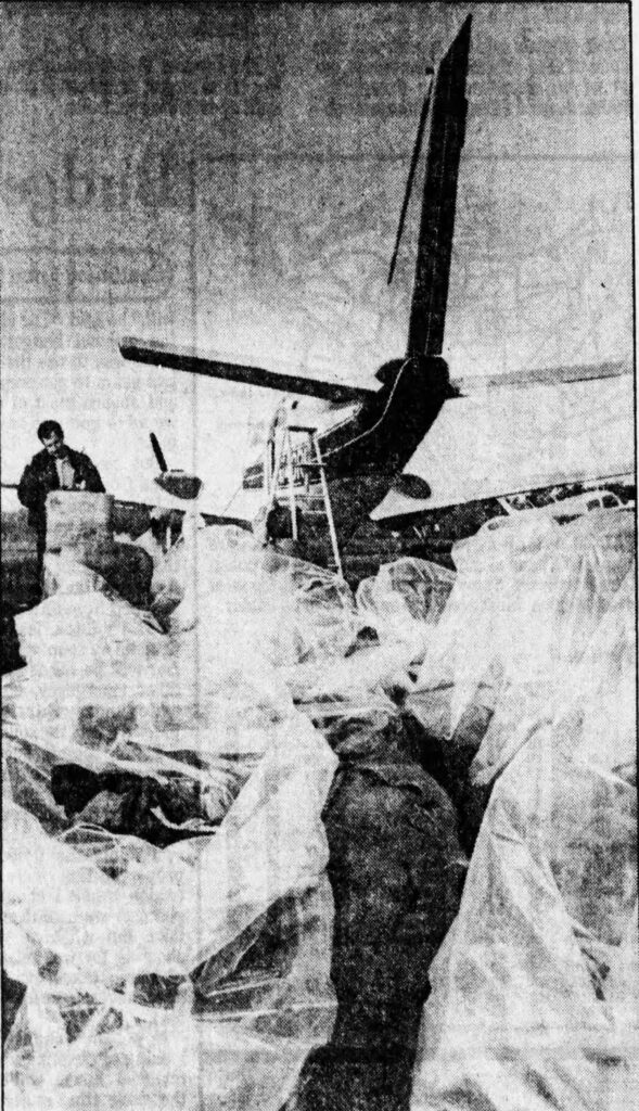 A small airplane parked on an airstrip surrounded by large bags, likely containing confiscated marijuana, with a person standing nearby.