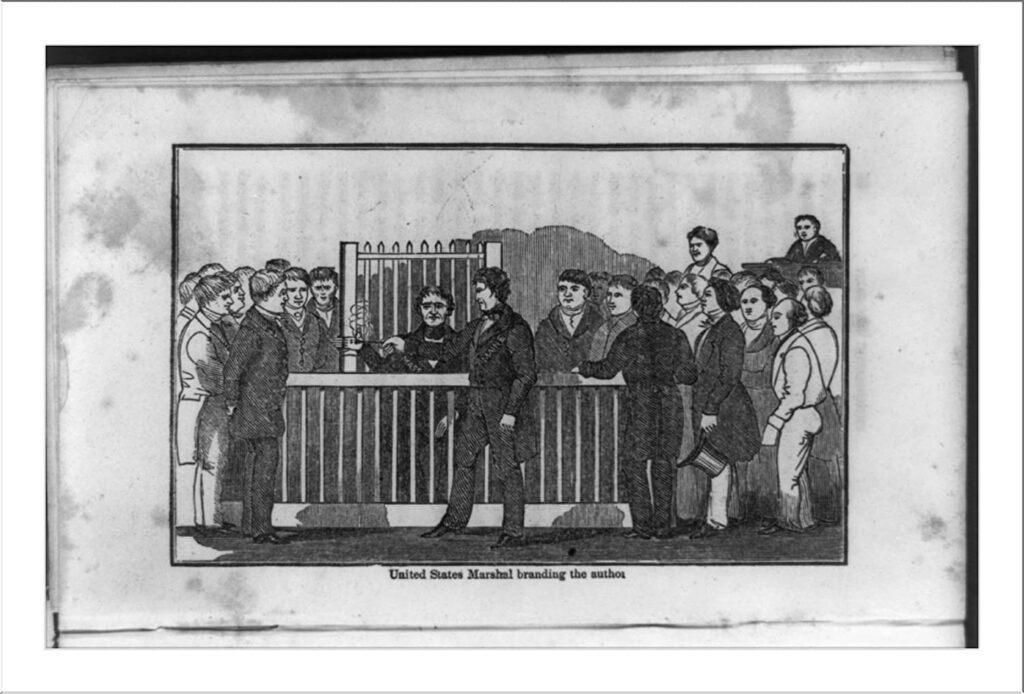 An illustration depicting a historical scene where a United States Marshal is branding an individual, surrounded by a crowd of onlookers.