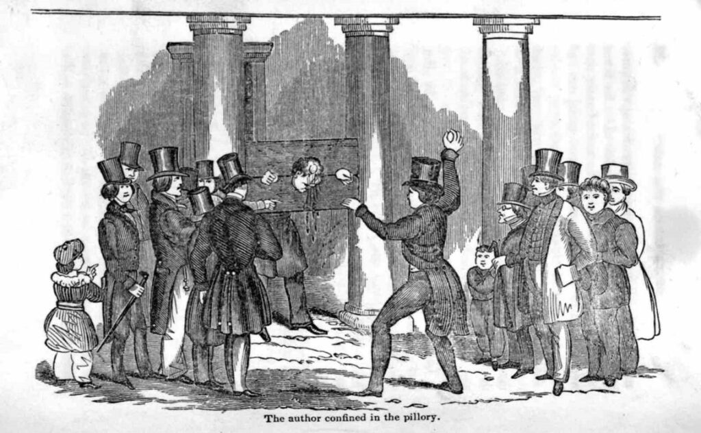 Illustration depicting an individual confined in a pillory, surrounded by a crowd wearing 19th-century attire, including top hats and dresses.