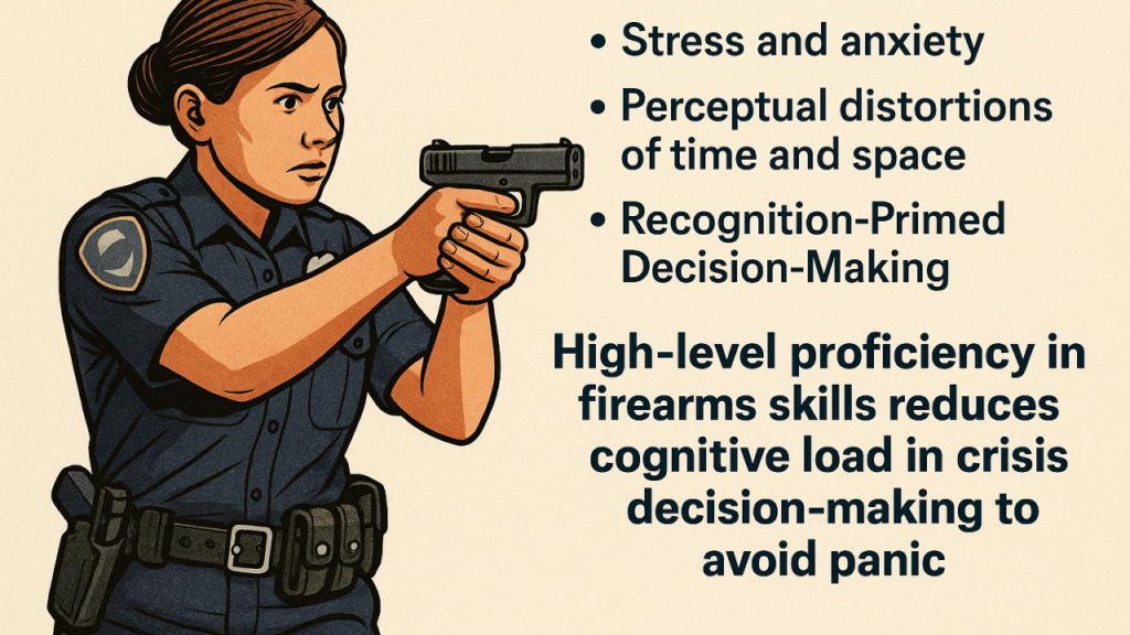 A police officer aiming a handgun, with bullet points highlighting topics like stress, perceptual distortions, and decision-making skills in crisis situations.