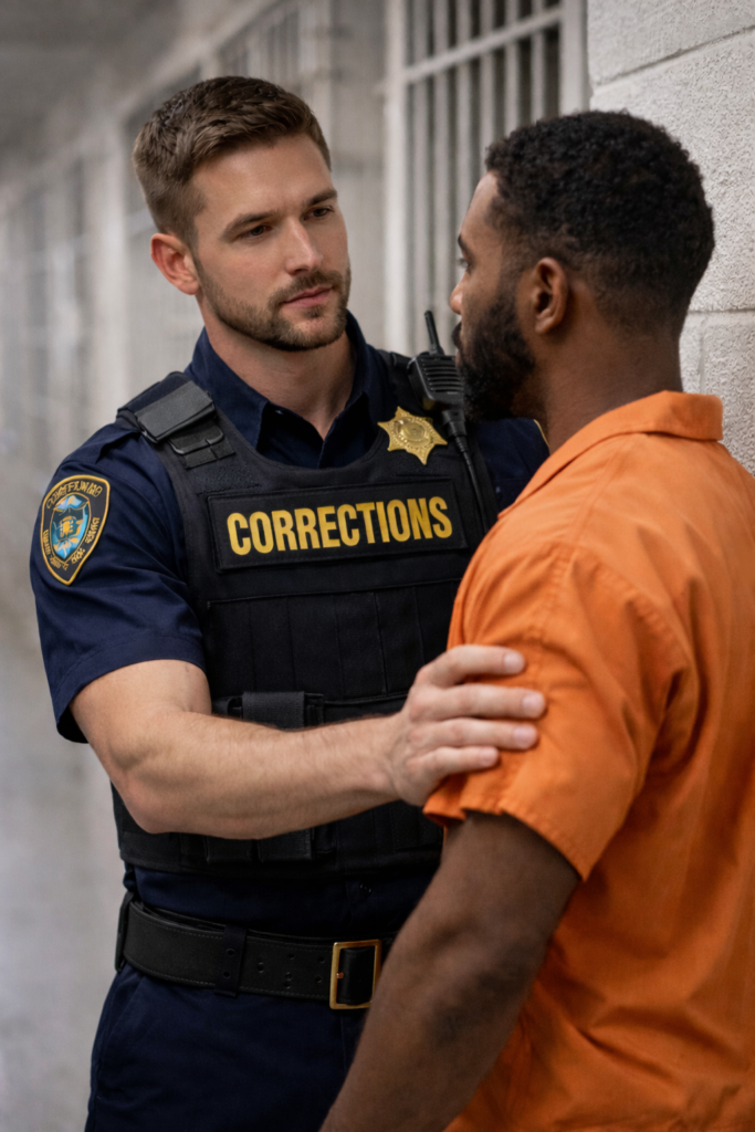 A male corrections officer in a blue uniform interacts closely with an inmate wearing an orange jumpsuit in a prison corridor.