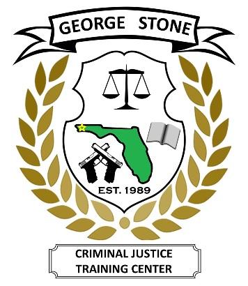 Logo of George Stone Criminal Justice Training Center featuring a shield with scales of justice, outline of Florida, and crossed firearms, surrounded by laurel leaves.