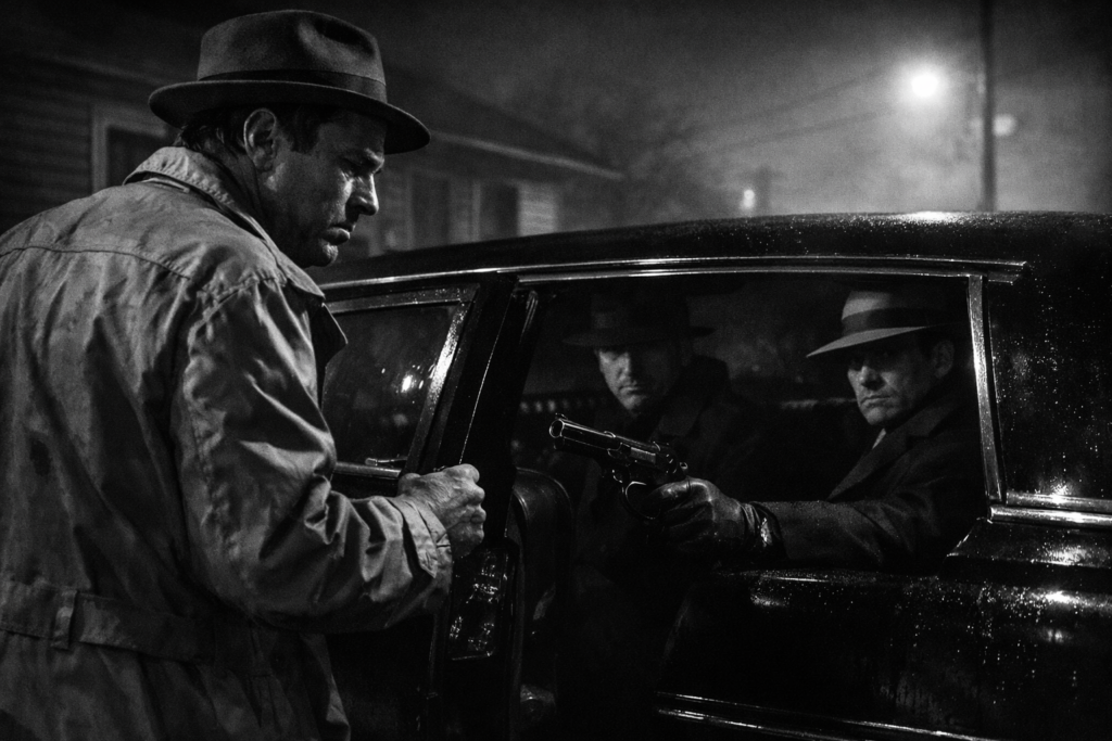 A tense black and white scene featuring a man in a trench coat approaching a car with two figures inside, one holding a gun, set in a moody, urban environment.