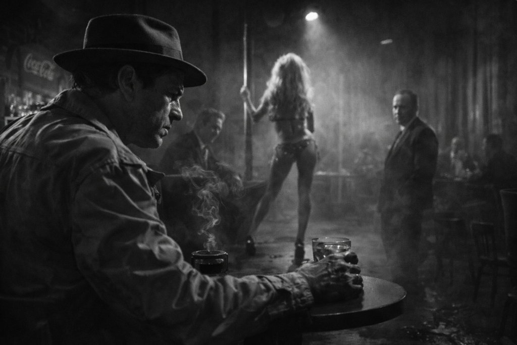 A monochrome scene in a dimly lit bar with a man wearing a fedora gazing pensively at a table. In the background, a dancer performs with a pole while other patrons watch. Smoke fills the air, creating an atmospheric mood.