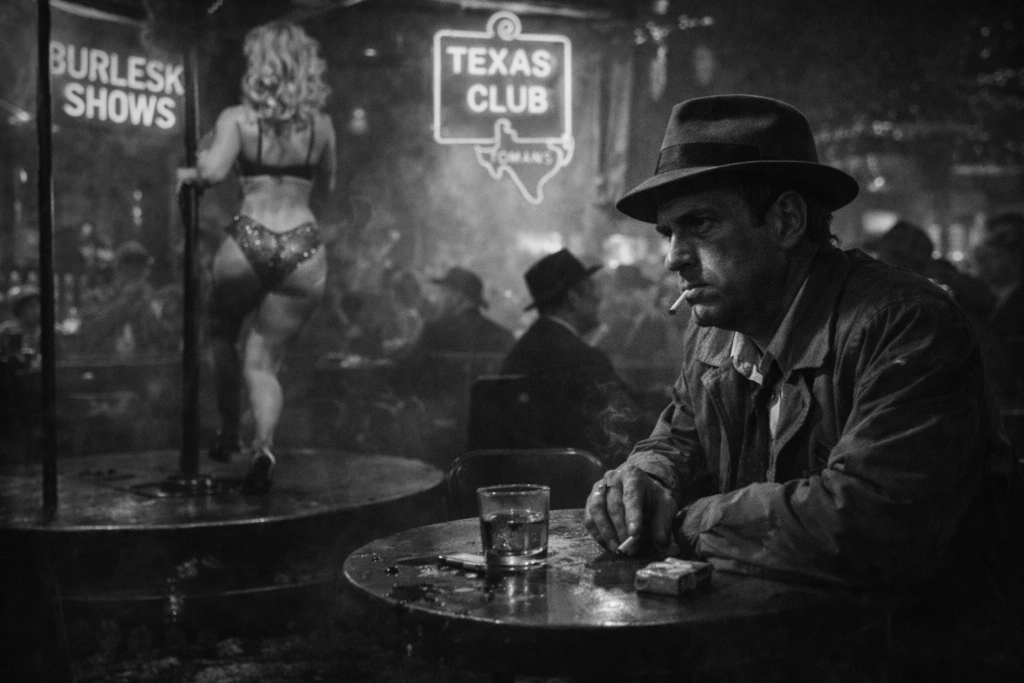A dimly lit bar scene featuring a man in a fedora and a trench coat, sitting at a table with a glass and a cigarette. In the background, a performer in a sparkly outfit dances on a stage, with a 'Texas Club' neon sign visible.
