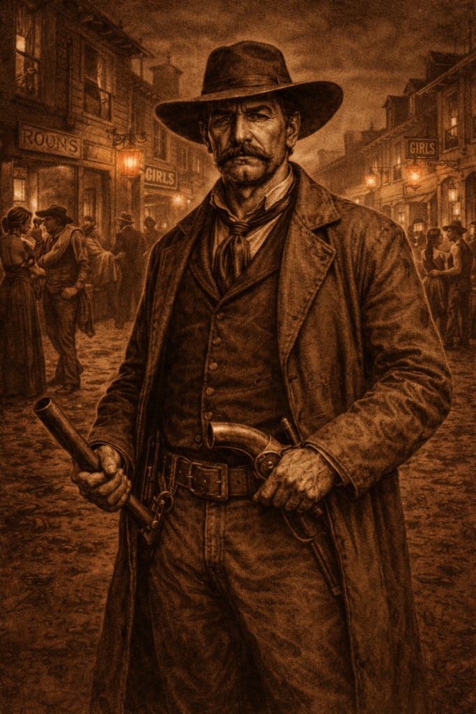 A rugged cowboy holding a revolver and a rifle stands confidently in a dimly lit Old West street, with vintage saloon buildings and people in period attire in the background.