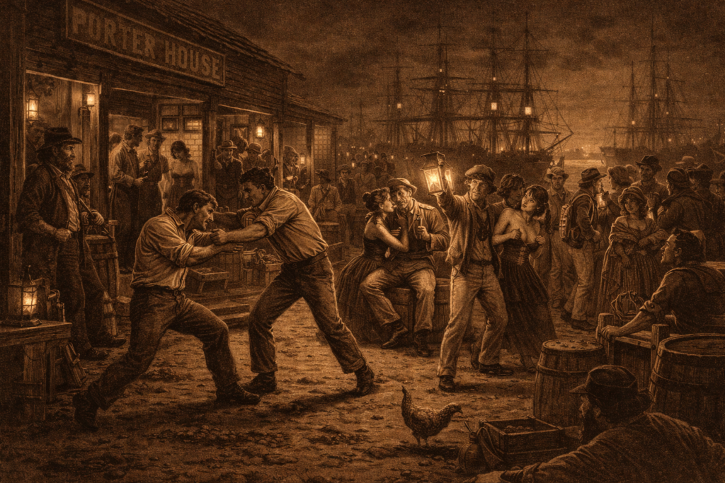A historic scene depicting a brawl outside a tavern named 'Porter House,' with people watching in the background and ships docked nearby.