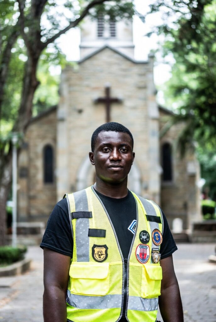 A man wearing a yellow safety vest with various patches stands outdoors in front of a stone church with a cross.