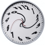 A distorted wall clock with black numbers and spiral design, displaying an unconventional time representation.