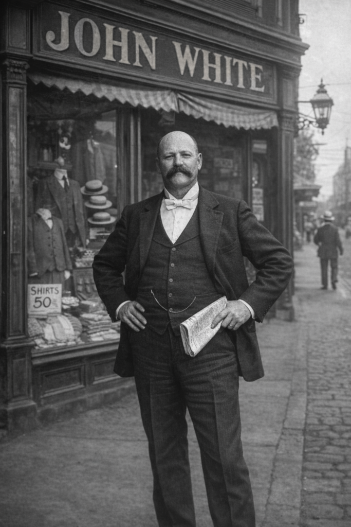 A man with a mustache and bow tie stands confidently in front of a shop named 'John White,' which showcases suits and hats in the window. He holds a newspaper and wears formal attire.
