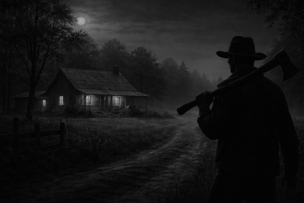 Silhouette of a man holding an axe, standing on a dirt road near a dark, spooky house with lit windows under a full moon in a foggy forest setting.
