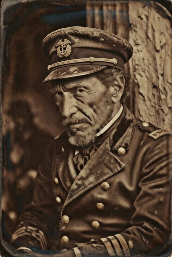 A sepia-toned portrait of an elderly man wearing a naval officer's uniform and cap, with a serious expression and a neatly groomed beard.