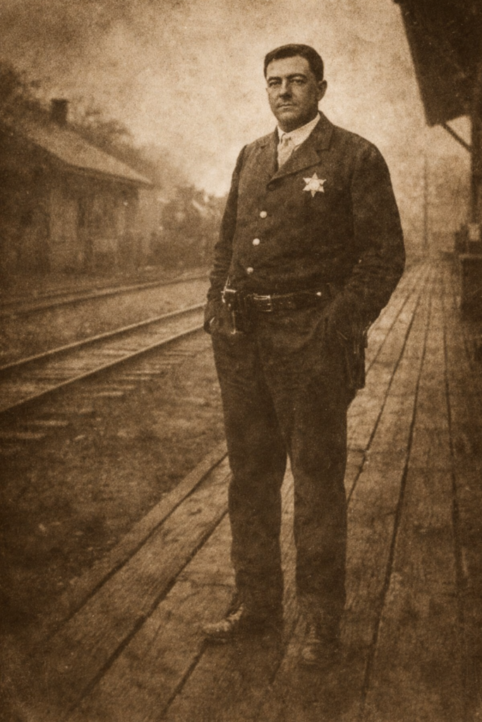 A sepia-toned photograph of a man standing on a wooden platform near a train station, wearing a police uniform and a star badge.