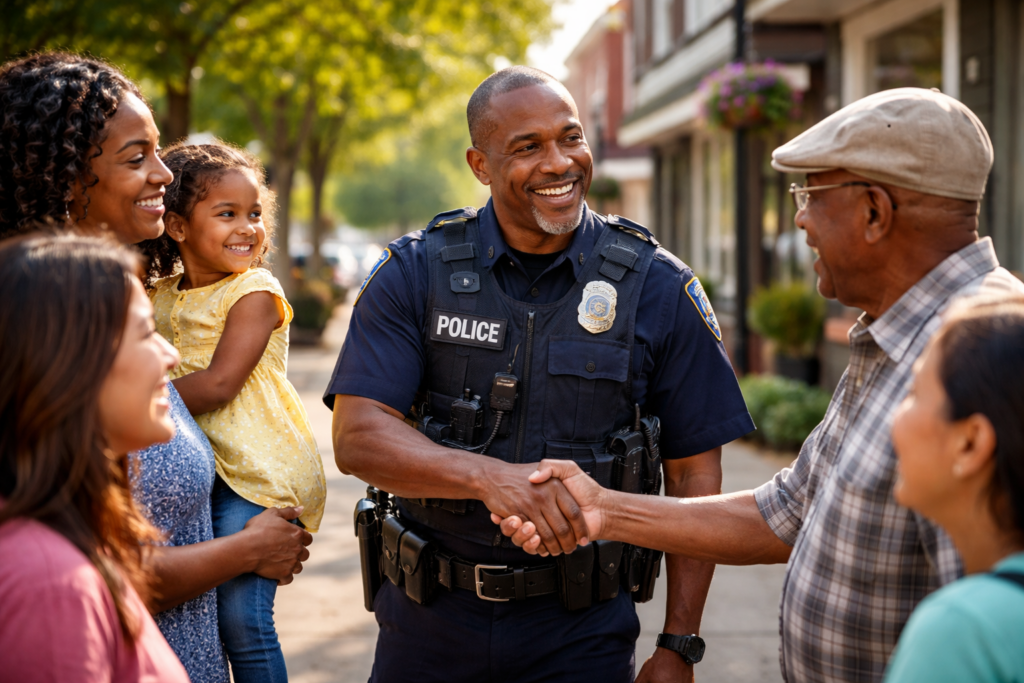 A police officer shaking hands with an elderly man, surrounded by a group of smiling women and a young girl, in a community setting with trees and shops in the background.