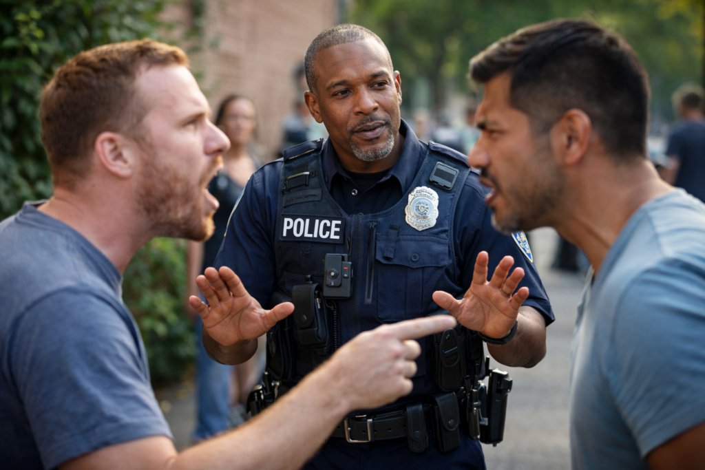 Two men arguing intensely while a police officer intervenes, attempting to calm the situation.