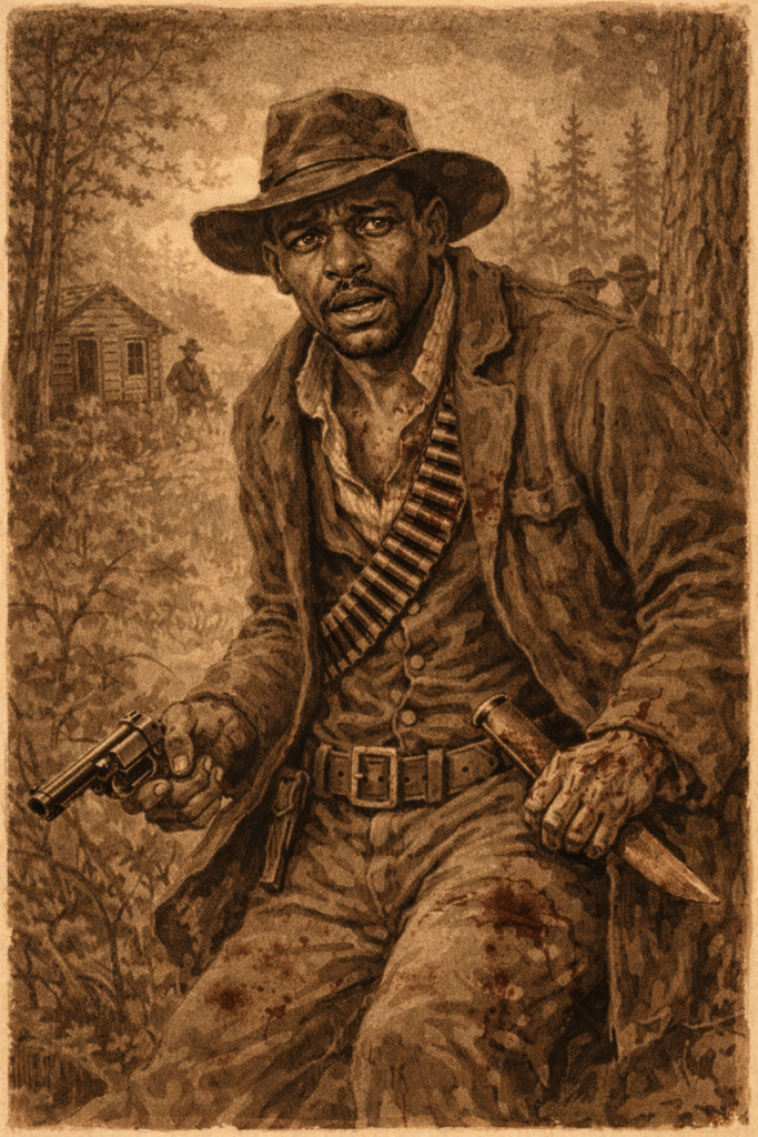 A rugged man in a wide-brimmed hat, dressed in a worn long coat, sits against a tree holding a gun in one hand and a knife in the other. He has an intense expression, suggesting alertness or concern, set against a misty forest backdrop with a faint outline of a cabin and figures in the distance.