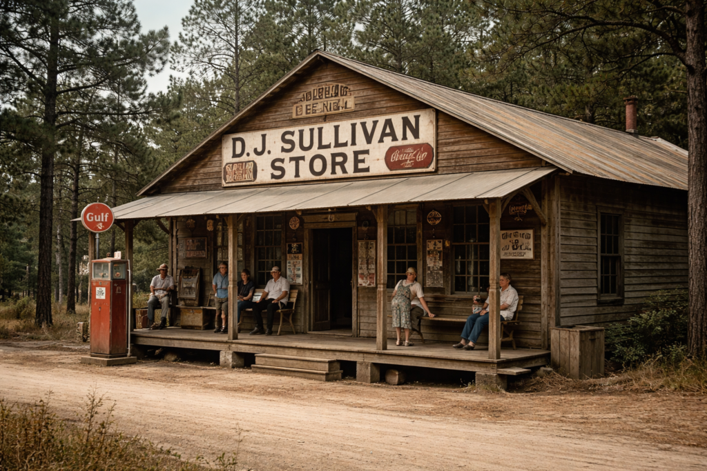 Exterior view of D.J. Sullivan Store, a rustic wooden building with a sign above the entrance, surrounded by tall pine trees. Several people are seated on the porch, and a vintage Gulf gas pump is visible in front.