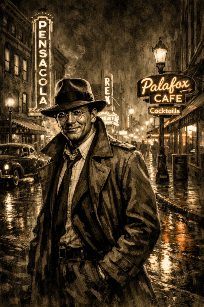 A sepia-toned illustration of a smiling man wearing glasses and a fedora, standing in a rain-soaked street, with vintage signs for Palafax Cafe and Pensacola in the background.