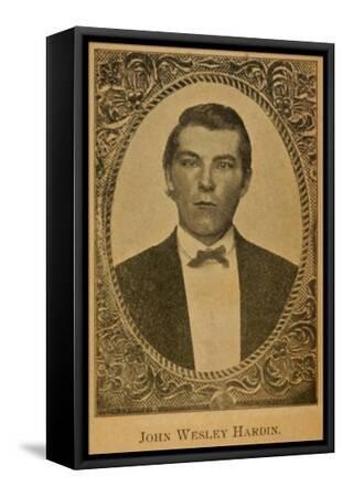 A sepia-toned portrait of a young man wearing a suit and bow tie, framed by an ornate design, with the name 'John Wesley Hardin' printed at the bottom.