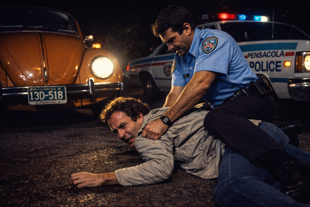 A police officer apprehending a suspect on the ground at night, with a vintage orange car and a police vehicle in the background.