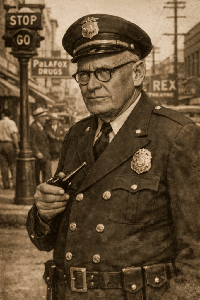 A black and white photograph of an older police chief in uniform, holding a service revolver, standing in front of a city street with vintage signs for 'STOP,' 'GO,' and 'Palafox Drugs' in the background.