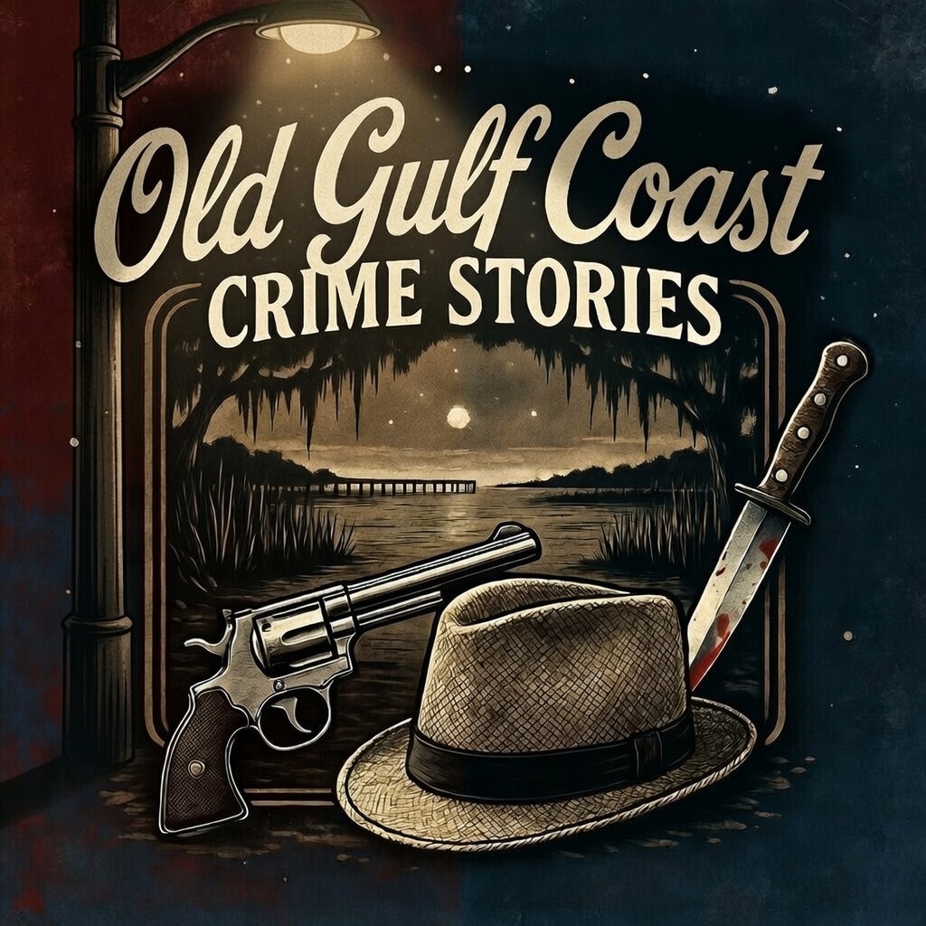 Vintage illustration featuring the title 'Old Gulf Coast Crime Stories' with a river scene, a revolver, a bloody knife, and a fedora hat under streetlight