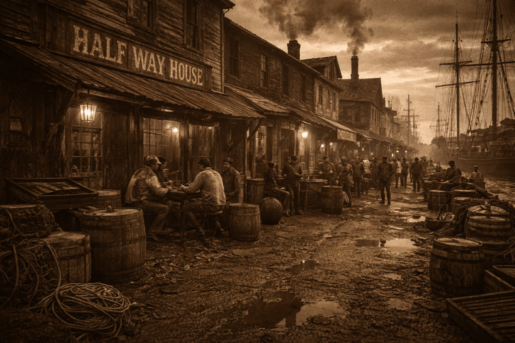 A historic waterfront scene depicting a busy street lined with wooden buildings and barrels. People are gathered outside the 'Half Way House' tavern, engaging in activities like games and conversation. Ships are visible in the background, under a moody sky.