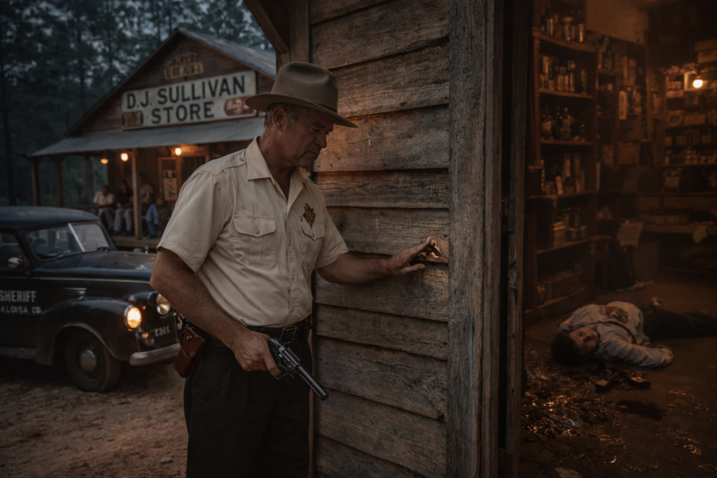 A sheriff with a gun stands outside a rustic store, peering through a door while a body lies on the ground inside, suggesting a crime scene.