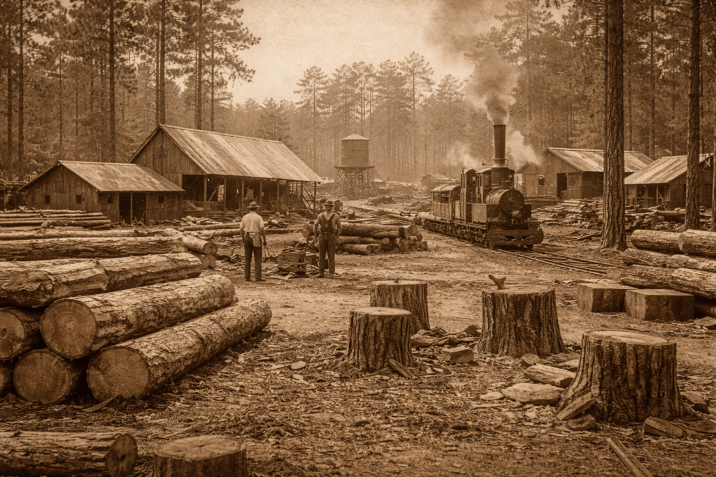 A vintage sepia-toned photograph depicting a logging site with stacked timber, a locomotive steam train, and workers in a forested area.