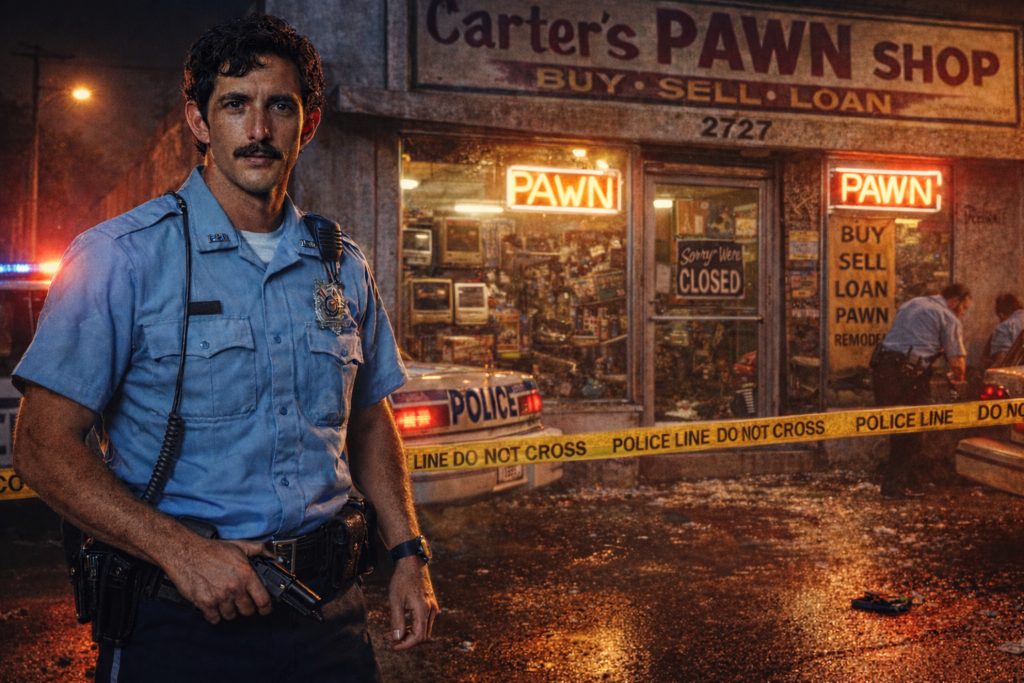 A police officer stands in front of a pawn shop with neon signs that read 'Carter's PAWN SHOP' and 'BUY SELL LOAN.' The scene shows police activity with a police car and crime scene tape.