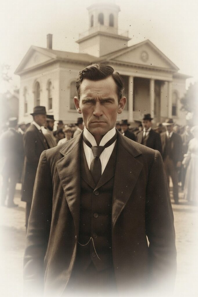 A stern man in a vintage suit stands in front of a historic building, surrounded by a crowd dressed in early 20th-century attire.