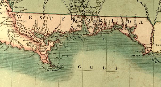 Historical map of West Florida and the Gulf Coast, featuring coastal towns and geographical features.
