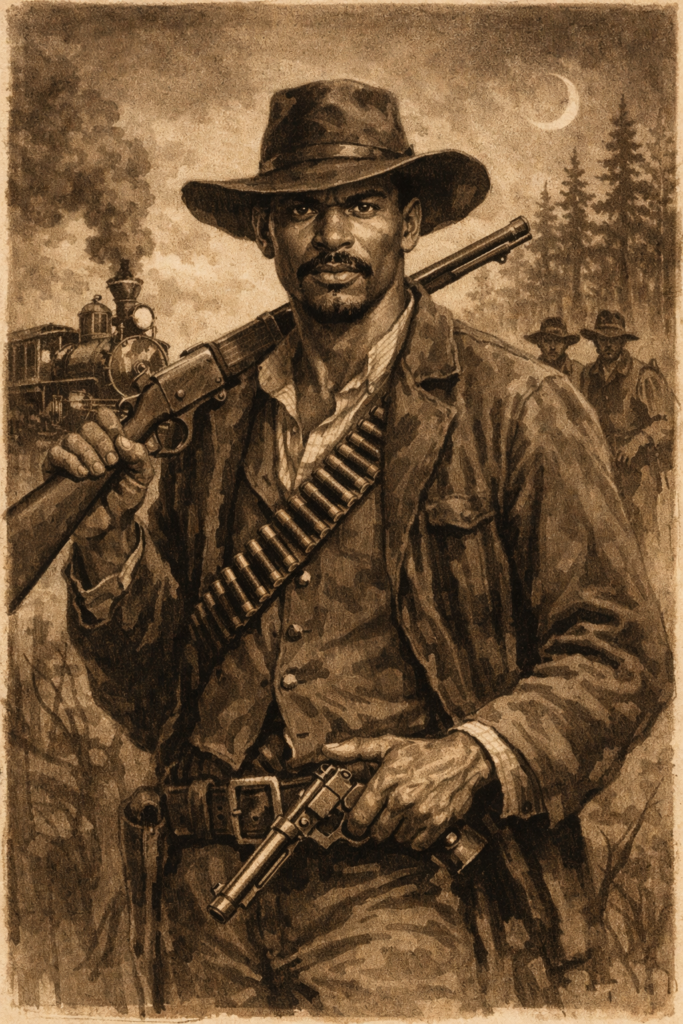 A rugged man dressed in period clothing stands confidently with a rifle slung over his shoulder and a revolver at his waist. The background features a train and silhouettes of other men in the distance, suggesting a historical or western setting.