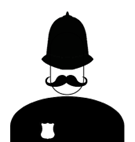 Silhouette of a Victorian-style police officer wearing a helmet and a mustache.