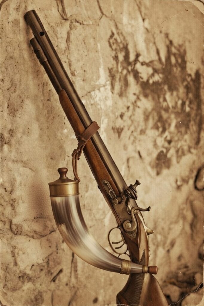 An antique musket leaning against a textured stone wall, featuring a wooden stock and a decorative powder horn attached.