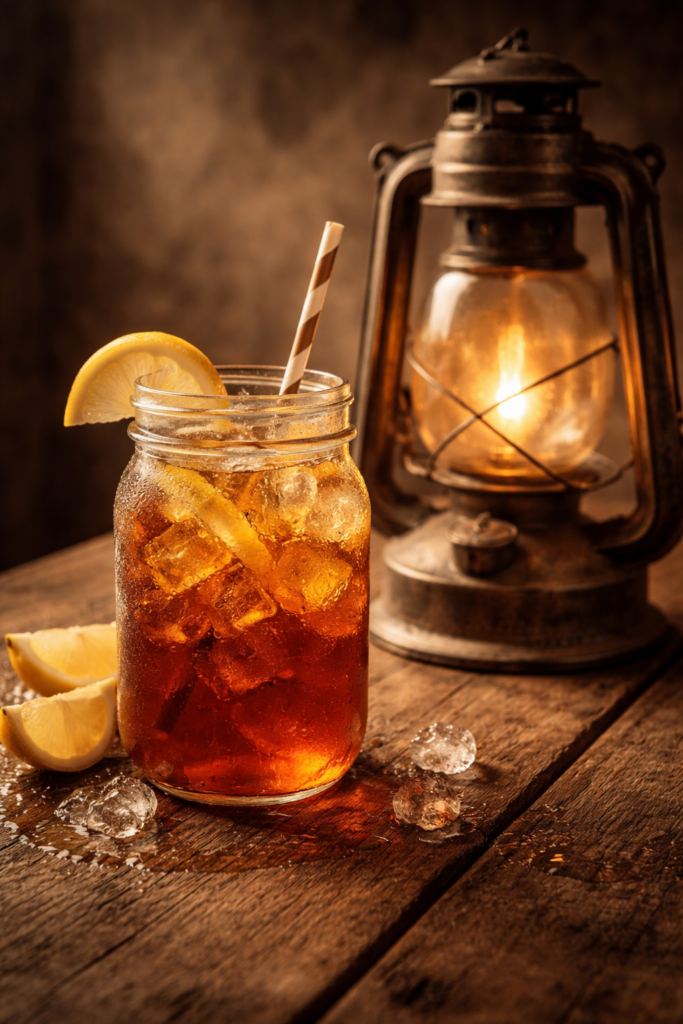 A refreshing glass of iced tea with lemon slices and a striped straw, next to a rustic lantern on a wooden table.