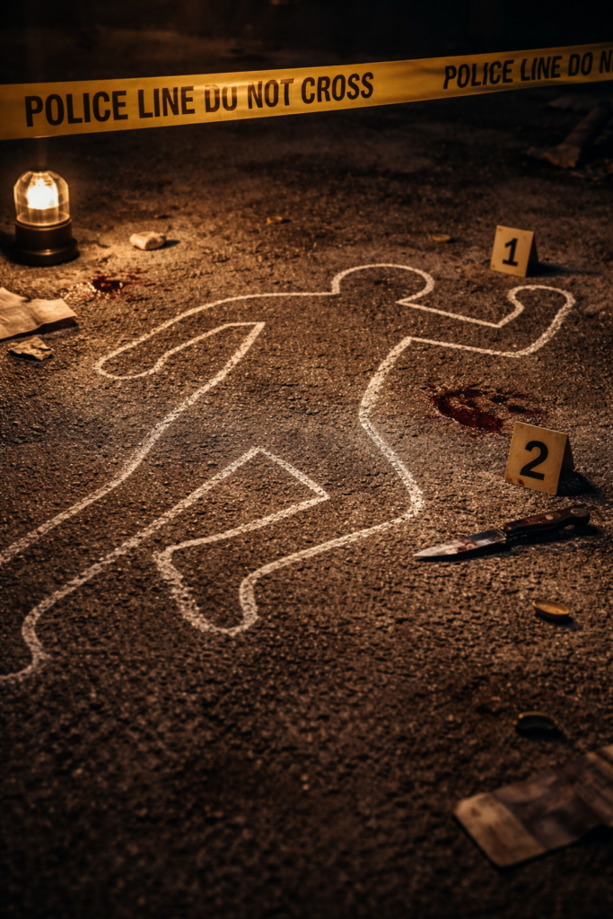 A chalk outline of a body on the ground near evidence markers and a knife, with a police line marked 'DO NOT CROSS' in the background.