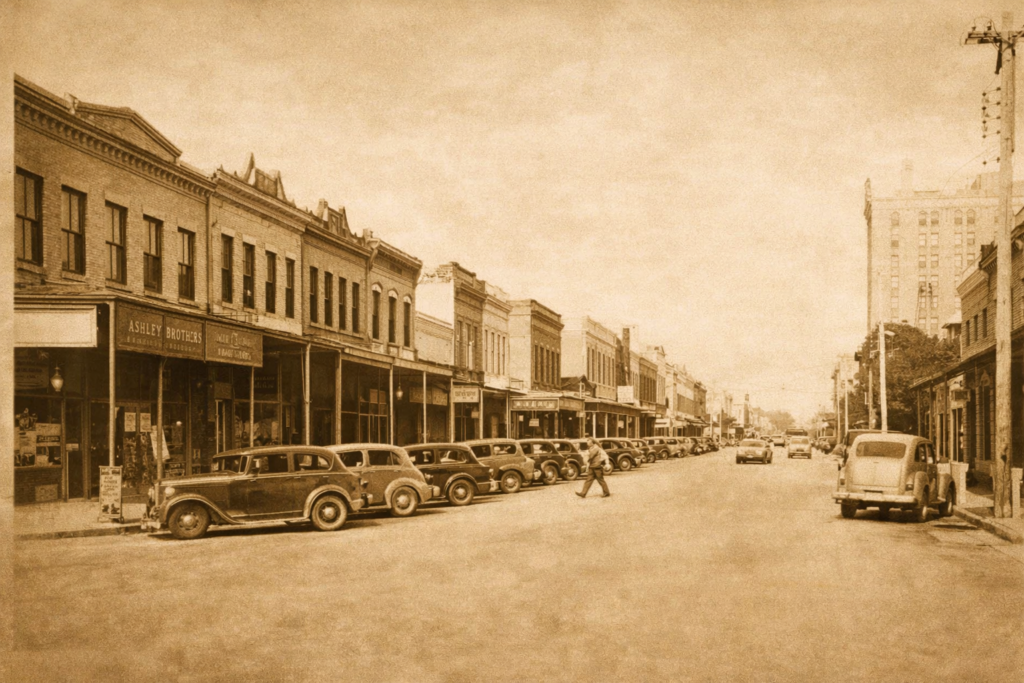 Sepia-toned historic street view featuring parked vintage cars and old brick storefronts.