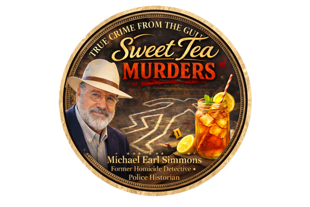 Logo for the podcast 'Sweet Tea Murders' featuring a man with glasses and a light-colored hat, alongside a glass of iced tea with lemon and a chalk outline on the ground, which suggests a crime scene.