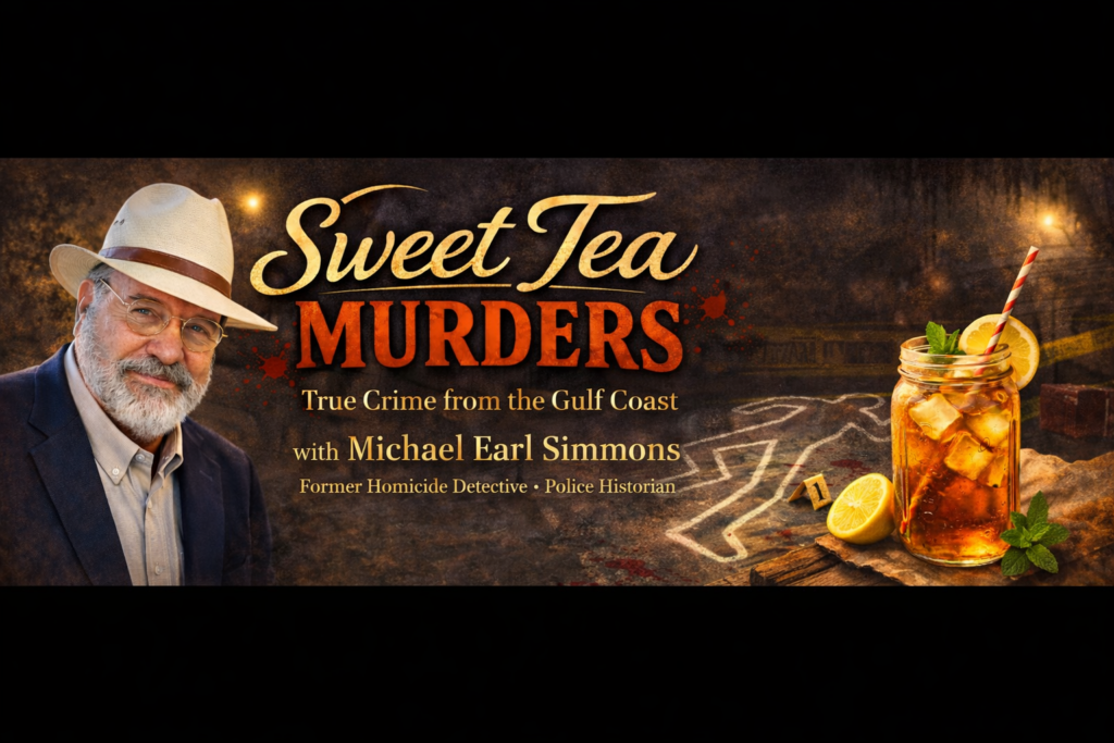 Promotional banner for 'Sweet Tea Murders', featuring a smiling man in a hat, alongside a jar of iced tea with lemon and mint, set against a dramatic background.