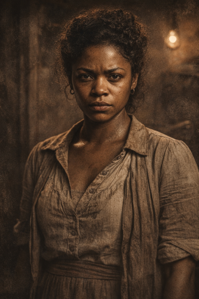 A woman with curly hair and an intense expression, wearing a worn, buttoned shirt. The background is dark and atmospheric, adding to the dramatic tone.