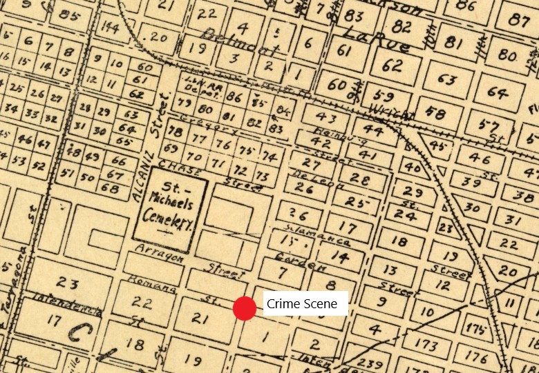 A historical map with labeled streets and blocks, highlighting a 'Crime Scene' marked by a red dot.
