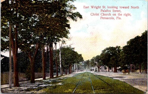 Historic postcard of East Wright Street in Pensacola, Florida, looking north on Palafox Street, with Christ Church visible on the right and lined with trees.