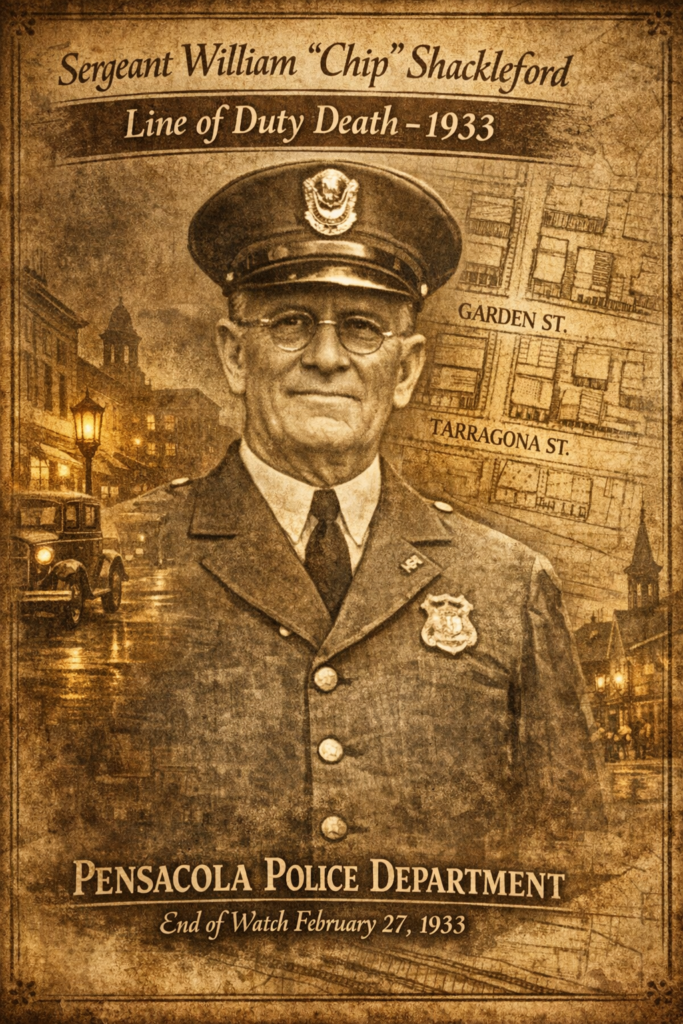 A vintage portrait of Sergeant William 'Chip' Shackleford, wearing a police uniform and glasses, with a background featuring a historical cityscape of Pensacola. The image commemorates his line of duty death in 1933, marked by text detailing his rank and end of watch date.