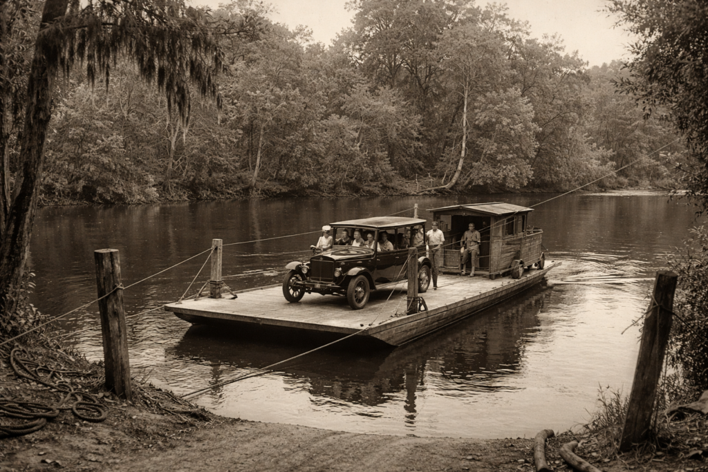 An old-fashioned ferry boat transporting a 1920s car across a river, with several people on board. Surrounded by lush trees and a calm water surface.