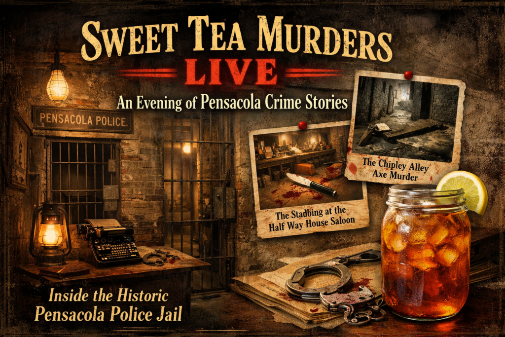 A promotional graphic for 'Sweet Tea Murders Live', featuring the historic Pensacola Police Jail. It includes images of crime scenes related to Pensacola stories, a typewriter, handcuffs, and a jar of iced tea with a lemon slice.